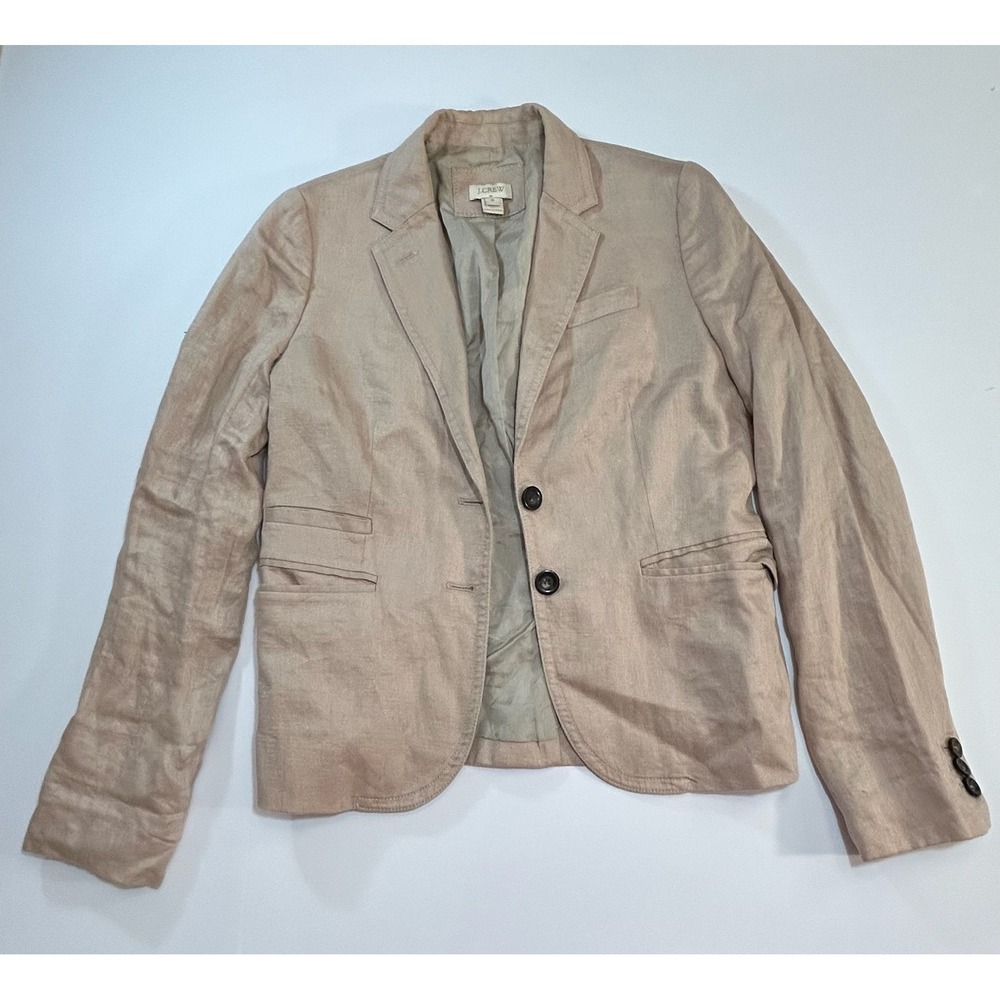 J.Crew Womens Beige Herringbone Linen Blend Blazer Jacket Size 0 Two-Button Prep